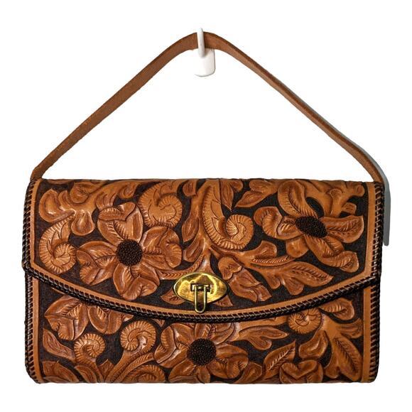 Vintage Hand Tooled Leather Hand Bag Floral Leaf Pattern - Picture 1 of 9